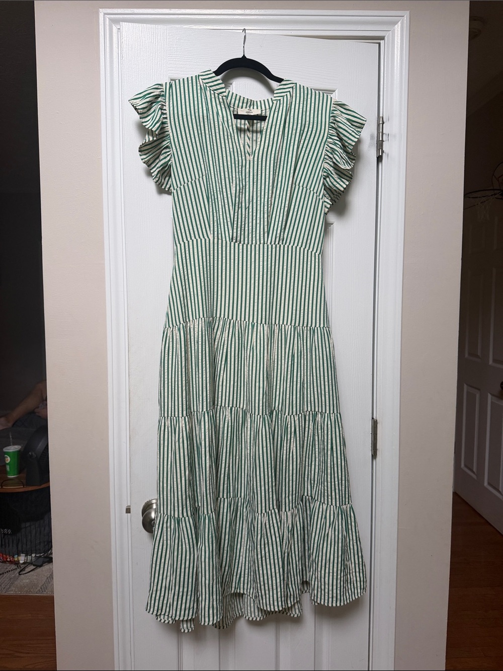 entro Green and White Vertical Stripe V-Neck Dress